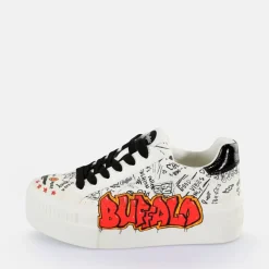 Cheap BUFFALO Paired Graffiti Baskets Basses Veganes Blanc/Noir Noir-Blanc