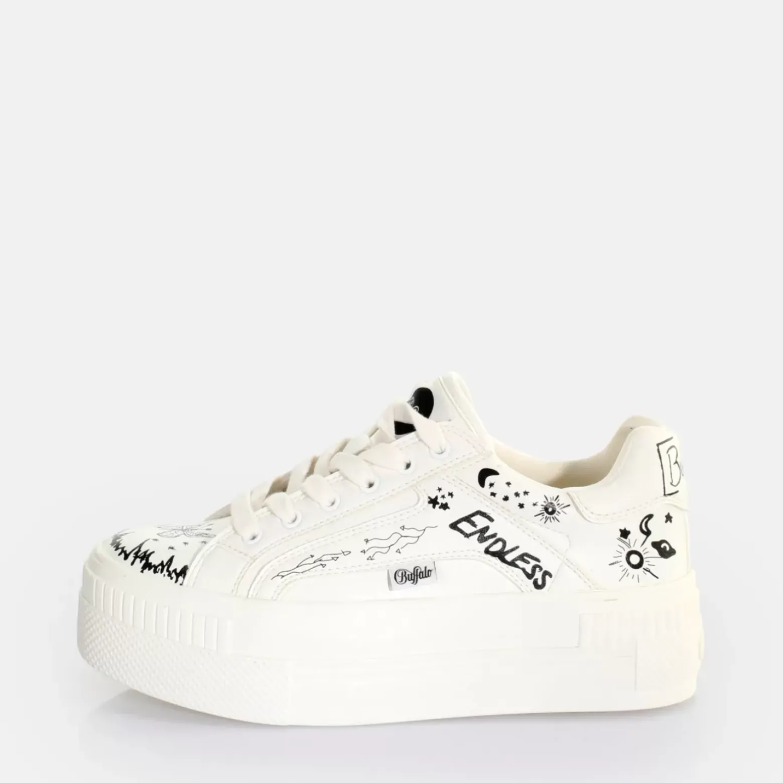 Outlet BUFFALO Paired Laceup Lo Baskets Basses Vegan Graffiti Blanc