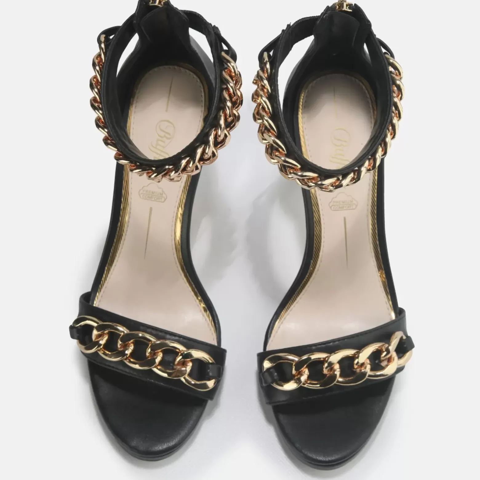 Cheap BUFFALO Serena Chain Sandales Talon Haut Veganes Noir